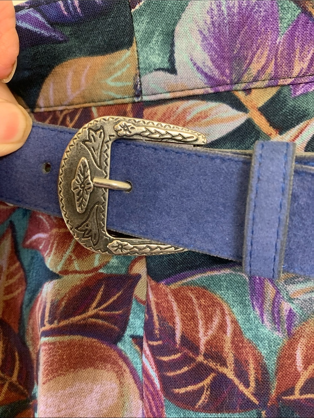 Vintage 100% Wool Rich Multi Colour Floral w Blue Suede Belt, Lined, Side Zipper